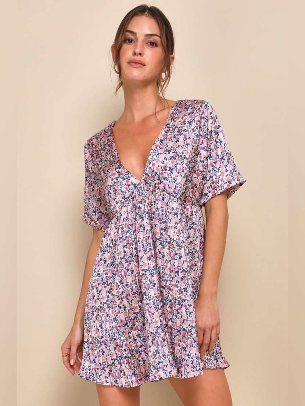Lulu's | Blush Pink Floral Print Satin Babydoll Dress